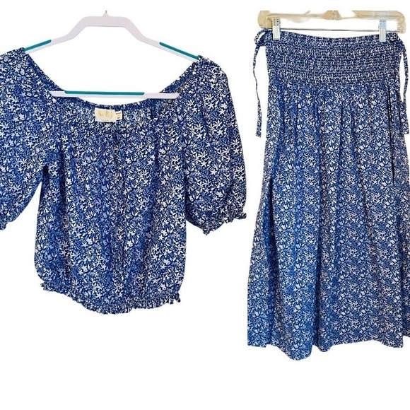 Nation LTD Tops - NATION LTD XS Blue White Ditsy Floral Rowena Top Primrose Smocked Skirt Set